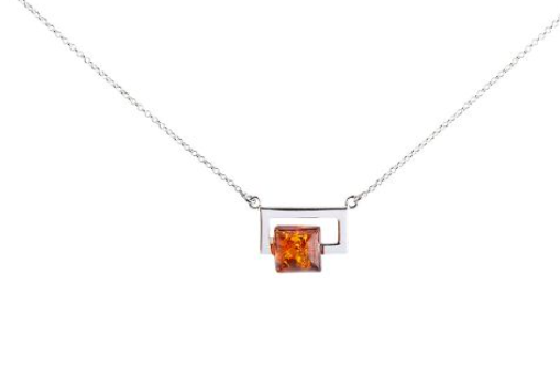 Modern necklace with cognac amber in a silver frame
