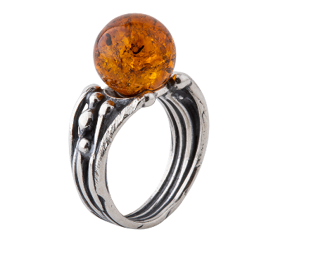 Oxidized 925 silver ring with a cognac Baltic amber ball