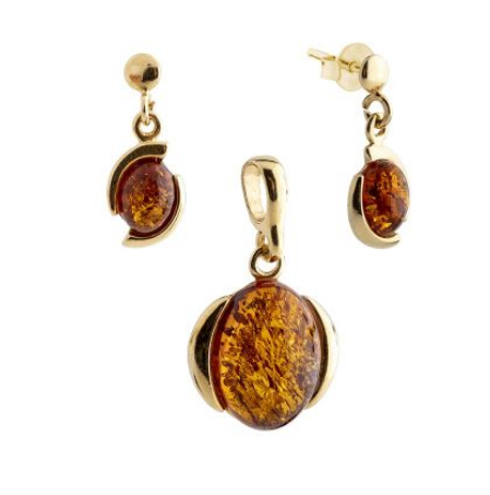 Set of gold plated 925 silver hanging earrings and pendant cognac Baltic amber ovals