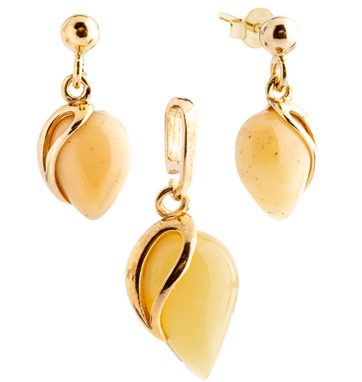 Set of gold plated silver earrings and pendant with milky Baltic amber