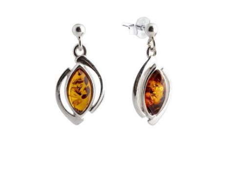 Silver 925 and Baltic amber Marquise dangling hanging earrings