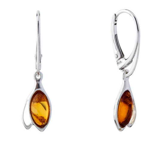 Silver 925 and Baltic amber leaf drop hanging earrings