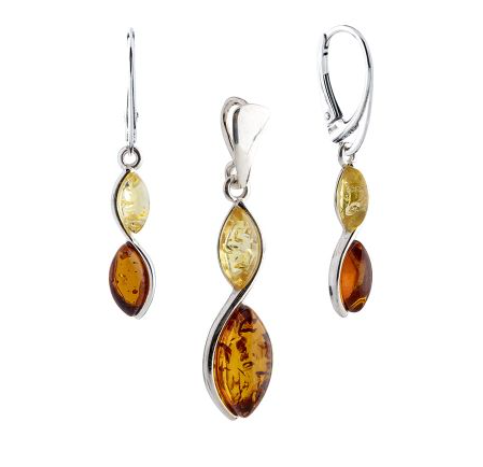Silver 925 and Baltic amber jewelry set: two-color hanging earrings and a pendant