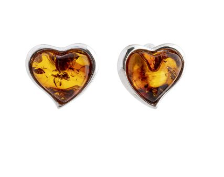 Silver 925 big Baltic amber heart stud earrings