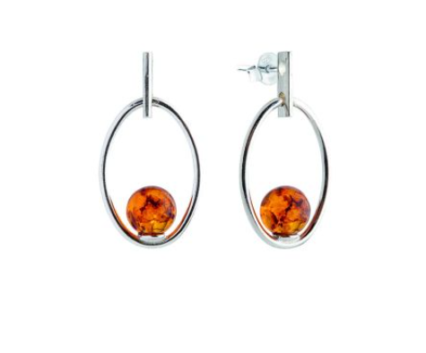 Silver 925 oval hanging earrings with a cognac Baltic amber ball