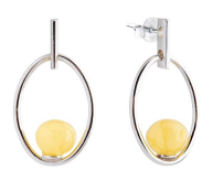 Silver 925 oval hanging earrings with a milky Baltic amber ball