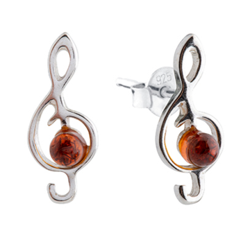 Silver 925 Treble Clef stud earrings with natural Baltic amber