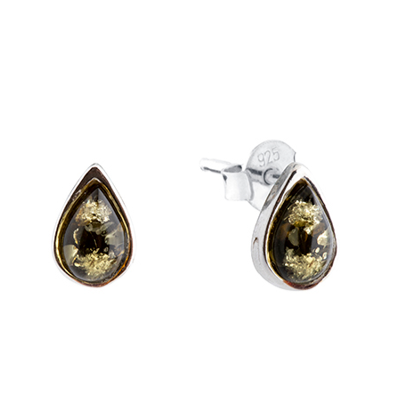 Tear drop green amber and silver earrings