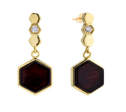 Unusual gold-plated earrings with zircon and cherry amber