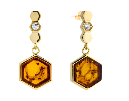 Unusual 925 silver gold-plated earrings with zircon and cognac amber