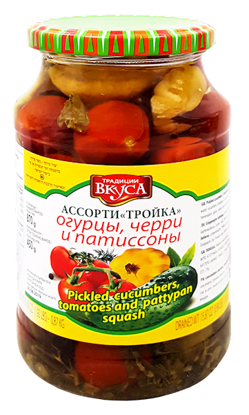VEGETABLE ASSORTY (PATTYPANS&CHERRY TOMATOES&CUCUMBERS), KOSHER,TRADICII VKUSA, (JAR), MOLDOVA, 1L
