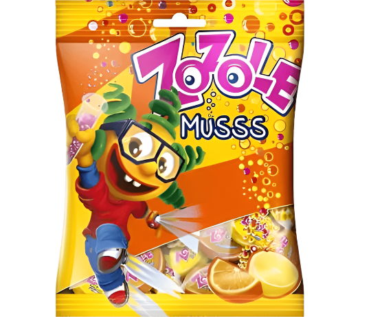 Colorful packaging of Zoolle Musss with cartoon character on a white background