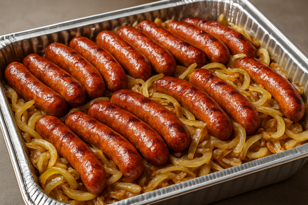 catering tray full baked smoked polish sausage with onions