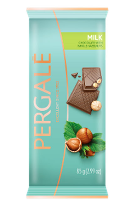 PERGALE Chocolate Bars "Milk with Whole Hazelnuts", Lithuania, 85g