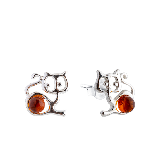 Cat shape Baltic amber and silver hanging earrings