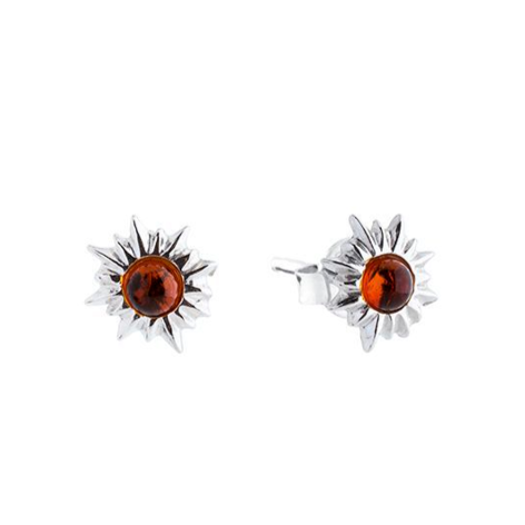 Little sun 925 silver stud earrings with Baltic amber