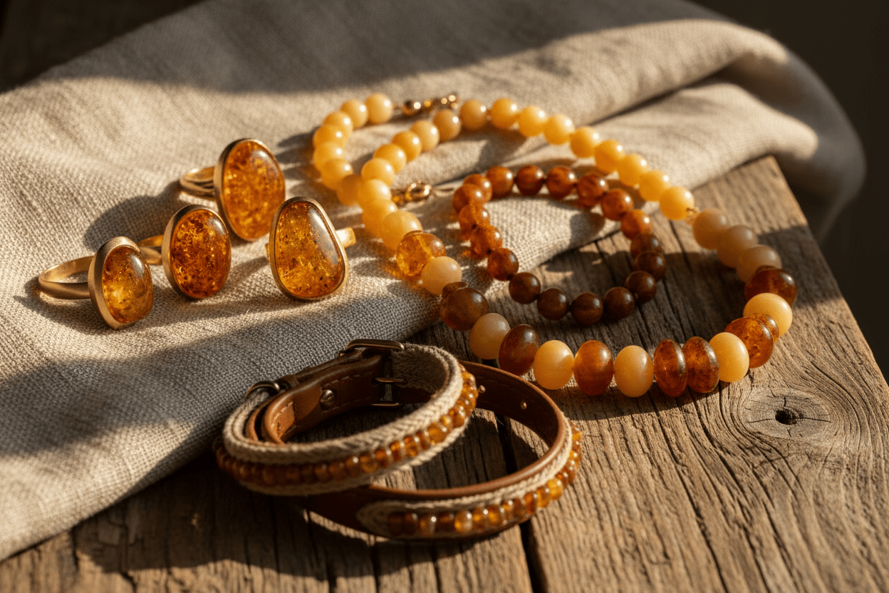 Authentic Baltic amber jewelry in sterling silver and gold-plated settings, handcrafted healing amber pieces and natural amber pet collars.