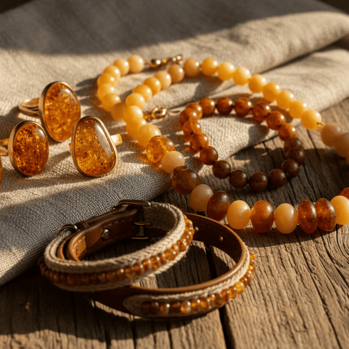 Authentic Baltic amber jewelry in sterling silver and gold-plated settings, handcrafted healing amber pieces and natural amber pet collars.