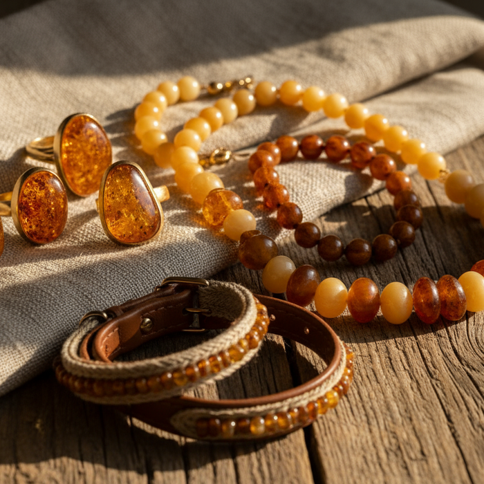 Authentic Baltic amber jewelry in sterling silver and gold-plated settings, handcrafted healing amber pieces and natural amber pet collars.