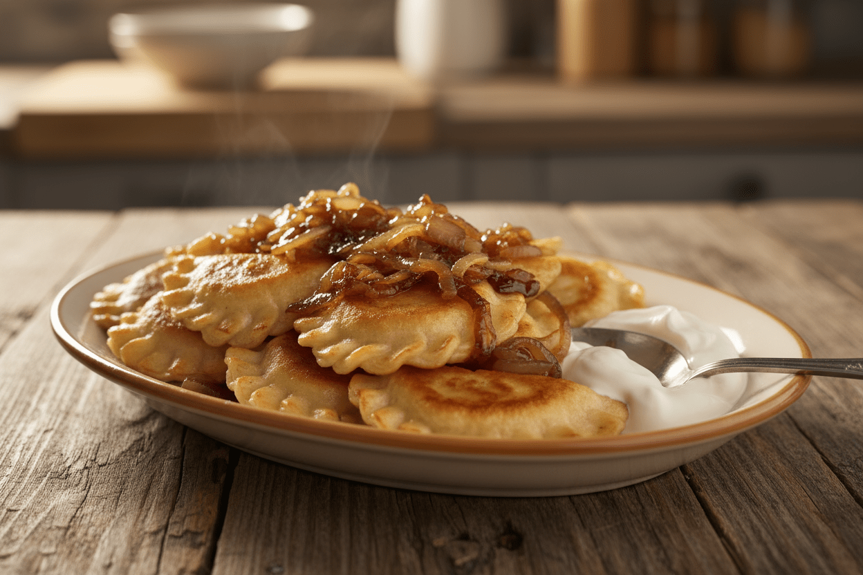 Classic Polish pierogi with potato and cheese filling, topped with butter-fried onions.