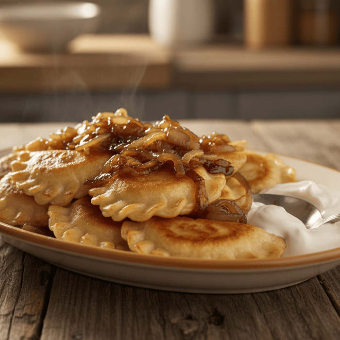 Classic Polish pierogi with potato and cheese filling, topped with butter-fried onions.