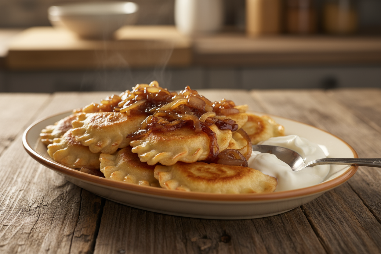 Classic Polish pierogi with potato and cheese filling, topped with butter-fried onions.