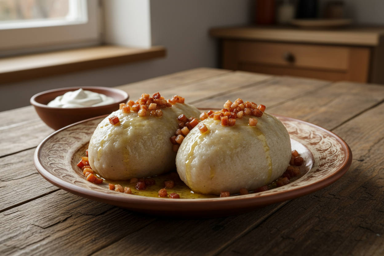 Lithuanian traditional potato dumplings cepelinai on the plate
