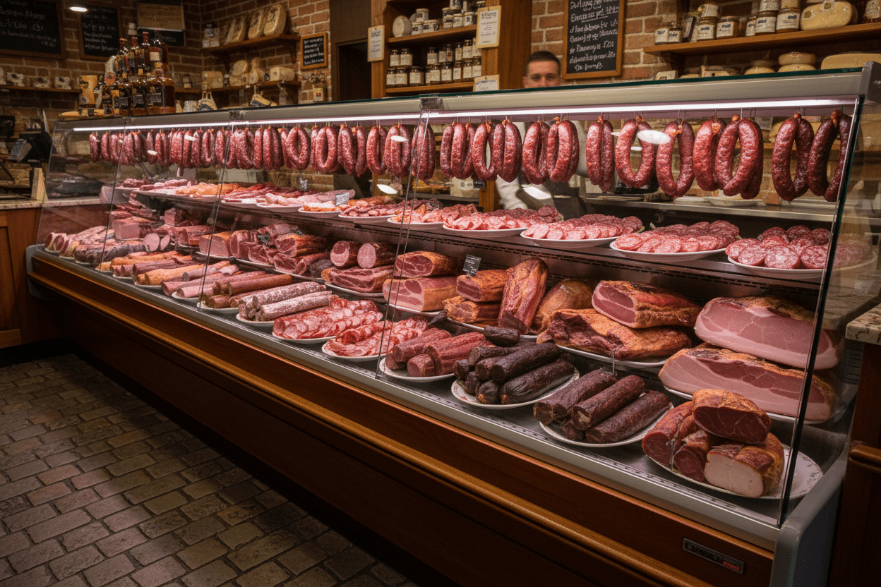 deli refrigerator display full off smoked ham and sausages and meats