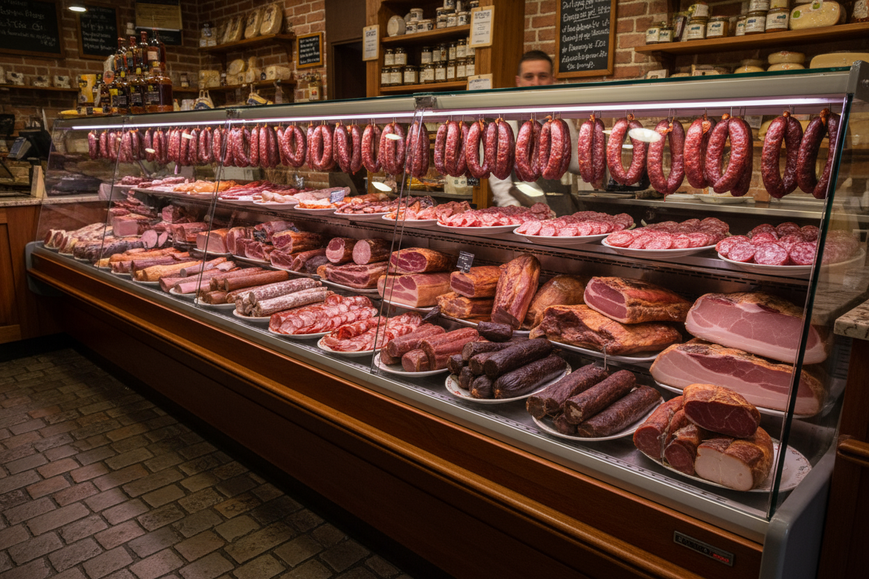 deli refrigerator display full off smoked ham and sausages and meats