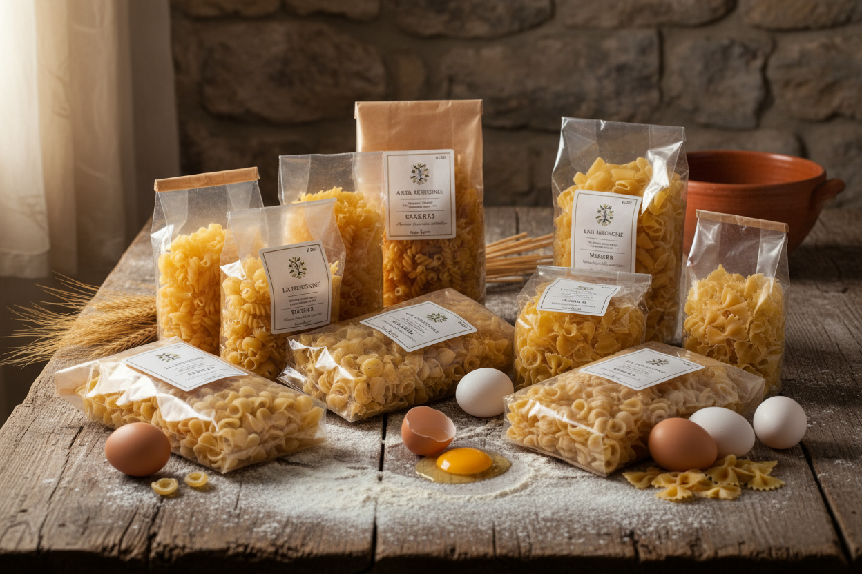 European pasta including Polish Babuni and Czaniecki noodles and German Spatzle displayed on wooden table