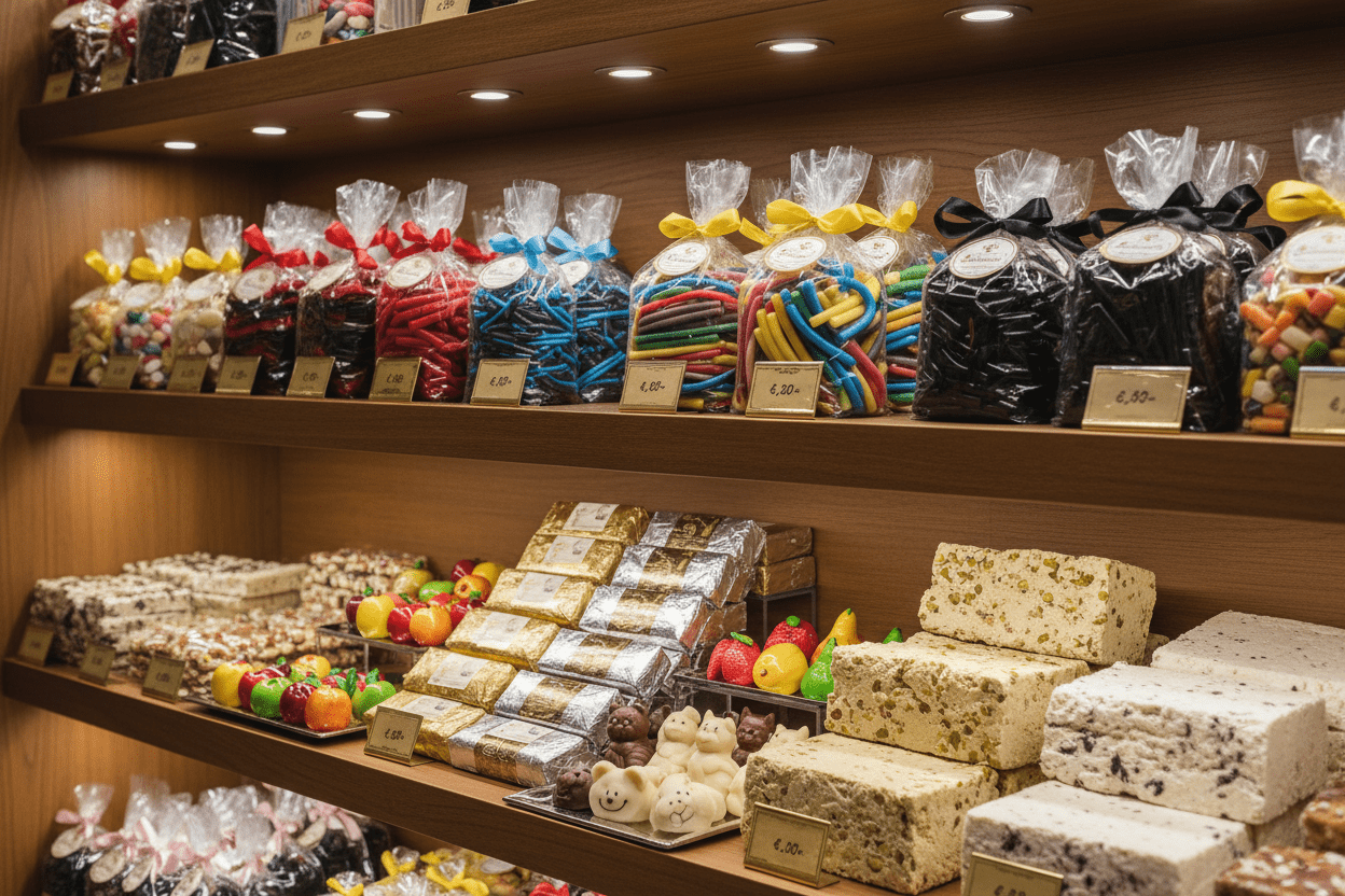 Store display with a lot marzipan, halva and liquerish