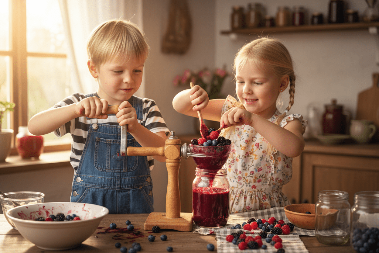 Children squeezing fresh berry juice with manual juicer on kitchen table