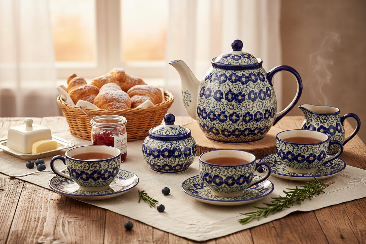 Tea served in Boleslawiec pottery set next to basket with croissants and jam on nice breakfast table