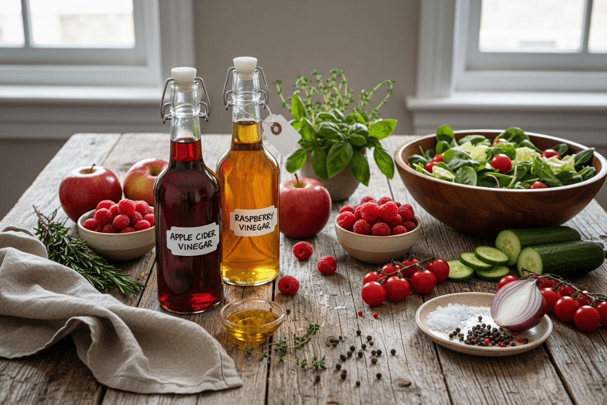 Khune apple vinegar and raspberry vinegar with fruits, herbs on wooden table