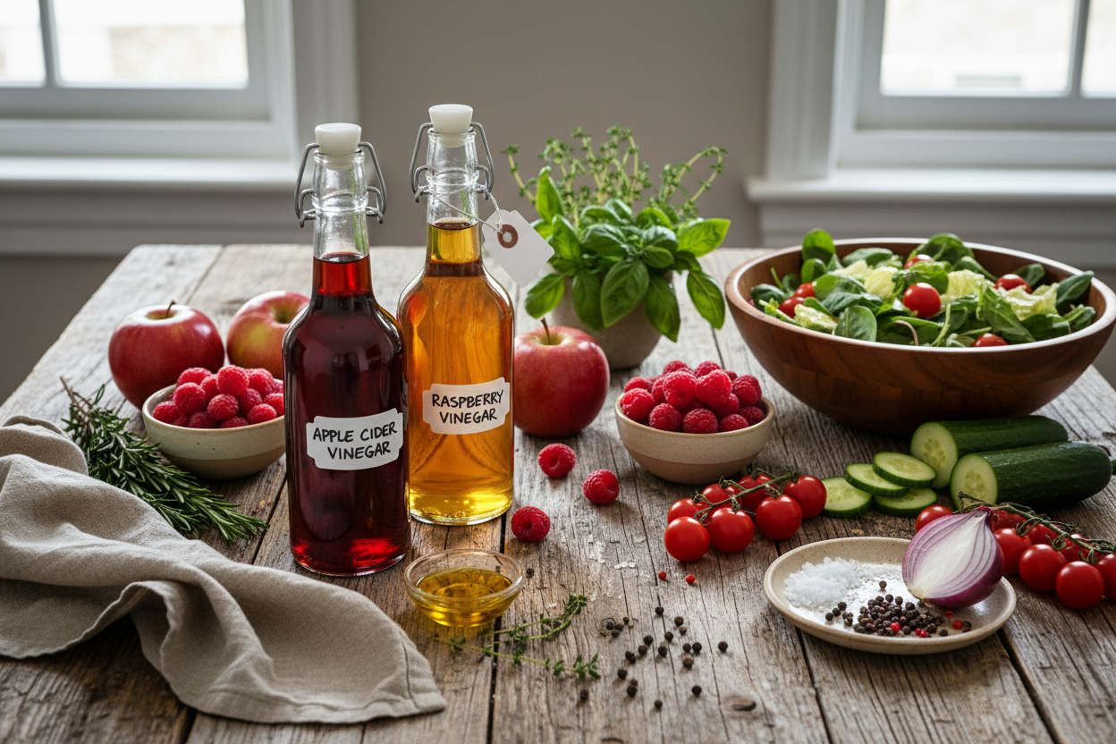 Khune apple vinegar and raspberry vinegar with fruits, herbs on wooden table