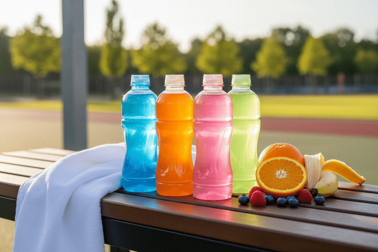 Oshee vitamin water bottles with fruits and fitness accessories on wooden banch