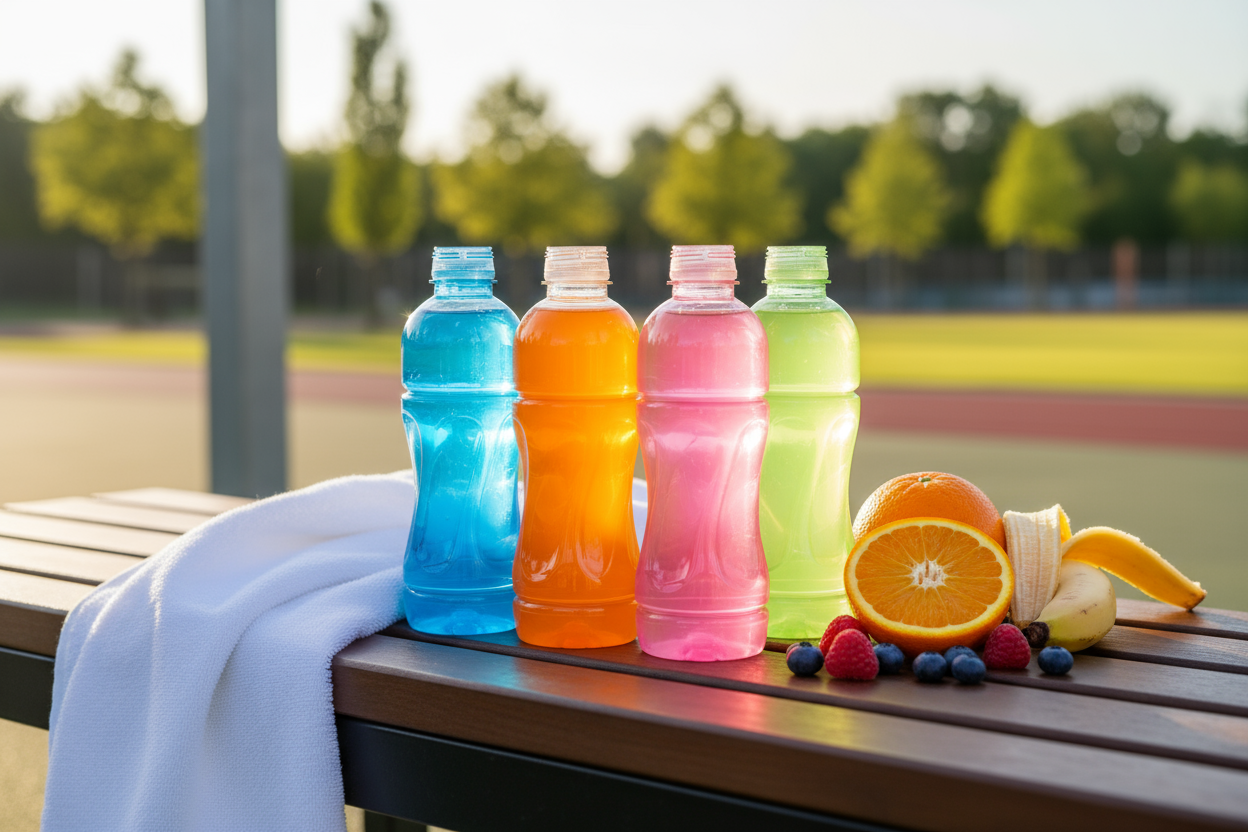 Oshee vitamin water bottles with fruits and fitness accessories on wooden banch