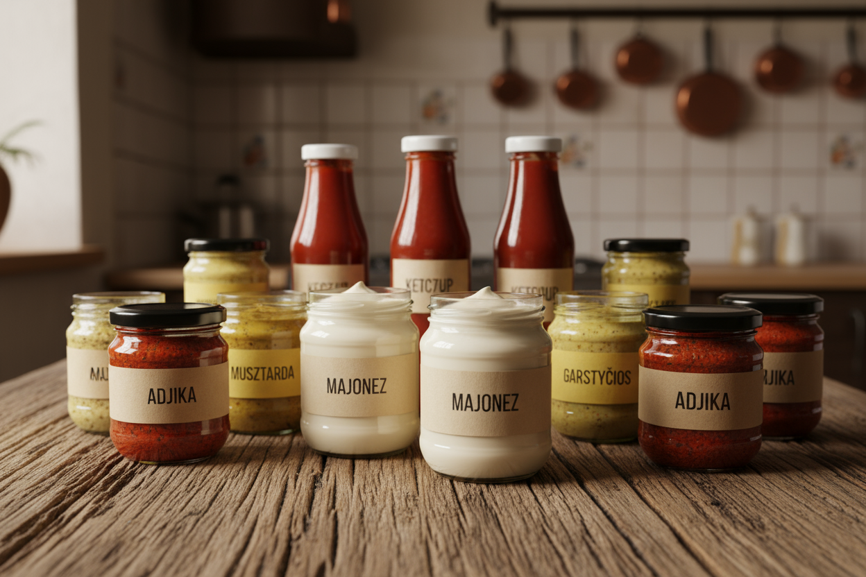 European condiments including Polish Kielecki mayonnaise, Podliszki ketchup, Kedainiu sauces and Georgian adjika on rustic wooden table