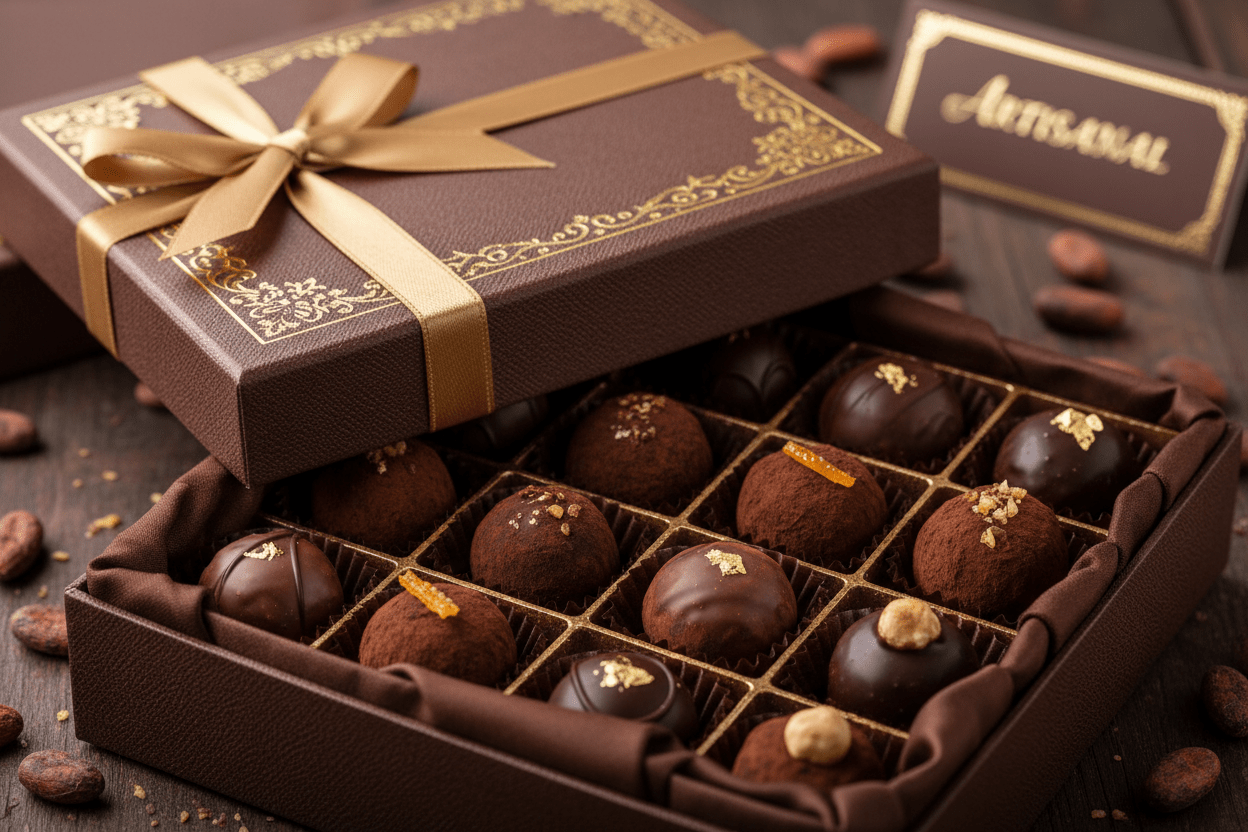 Dark Chocolate truffles in open gift box