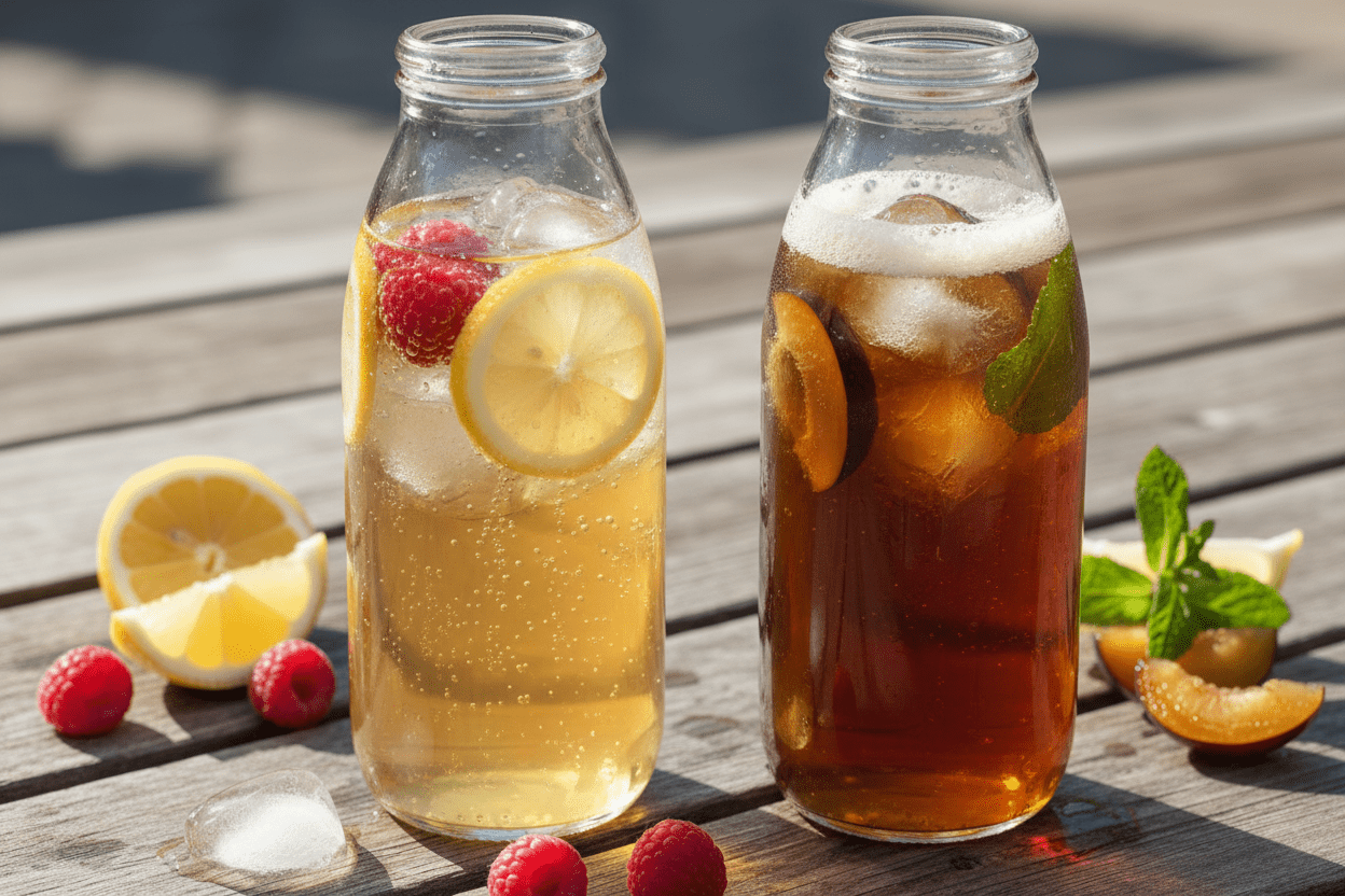 European sparkling lemonade and kvass with fruit slices bubbles and ice