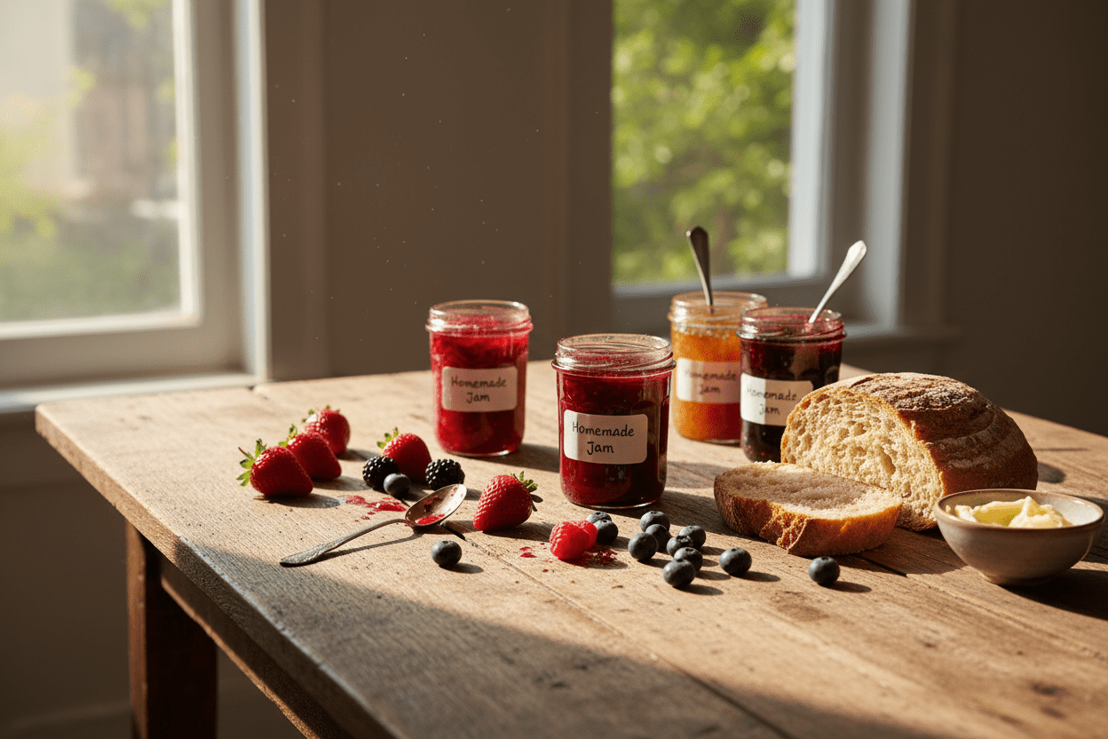Assorted European jams and preserves on wooden table with bread berries and spoon 