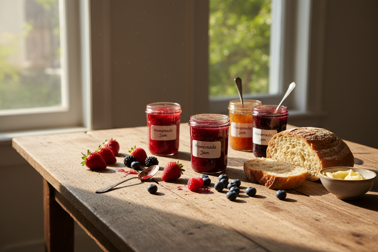 Assorted European jams and preserves on wooden table with bread berries and spoon