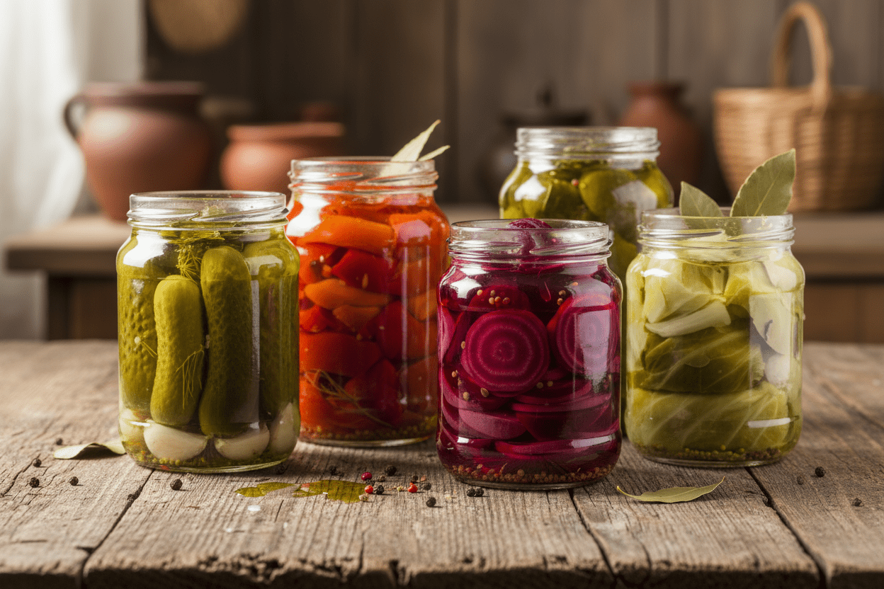 jars off pickled cucumbers, roasted peppers, beets, and cabbage leaves on rustic wooden table