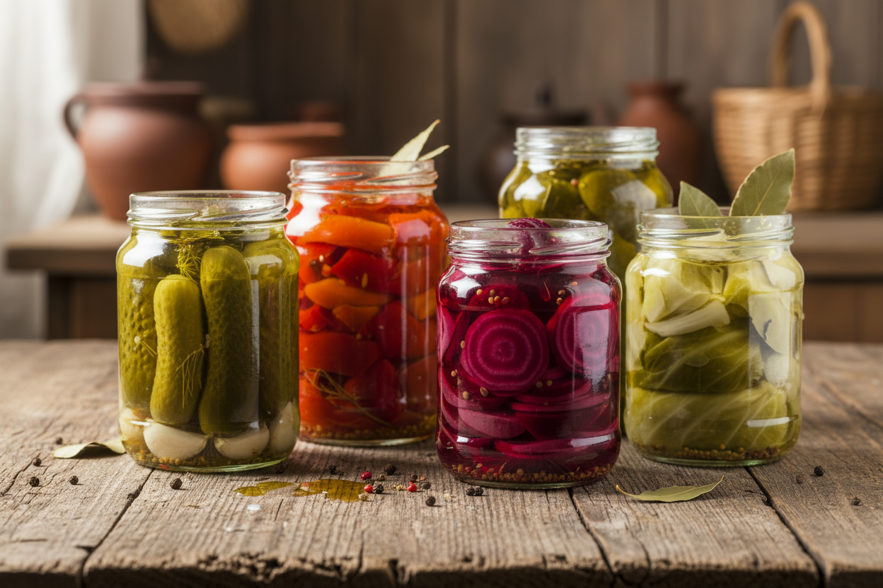 jars off pickled cucumbers, roasted peppers, beets, and cabbage leaves on rustic wooden table