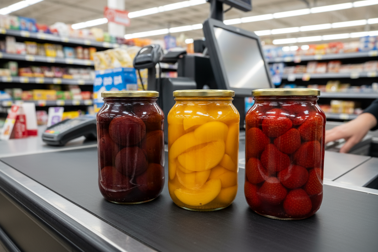 Jars of fruit preserves peaches plums strawberries on the checkout line
