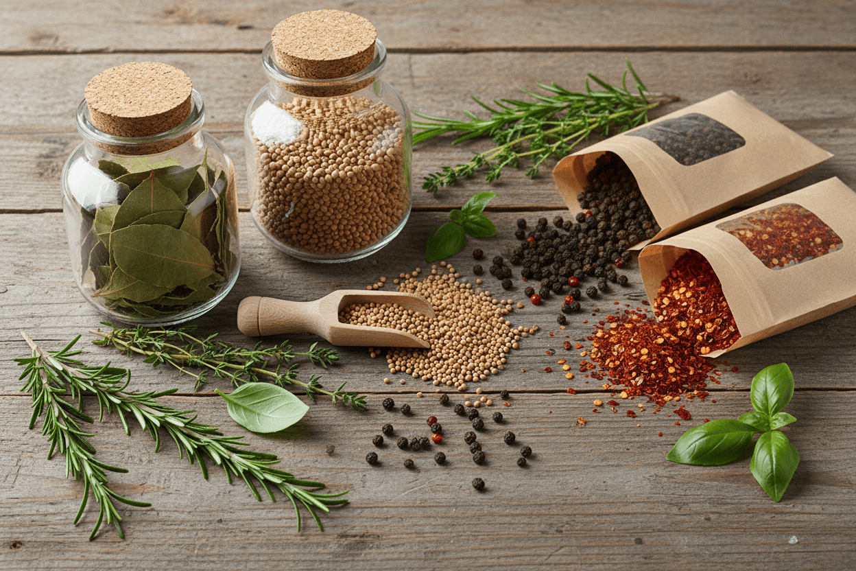 European spices KAmis, Vegeta, Santa Maria on wooden table with herbs