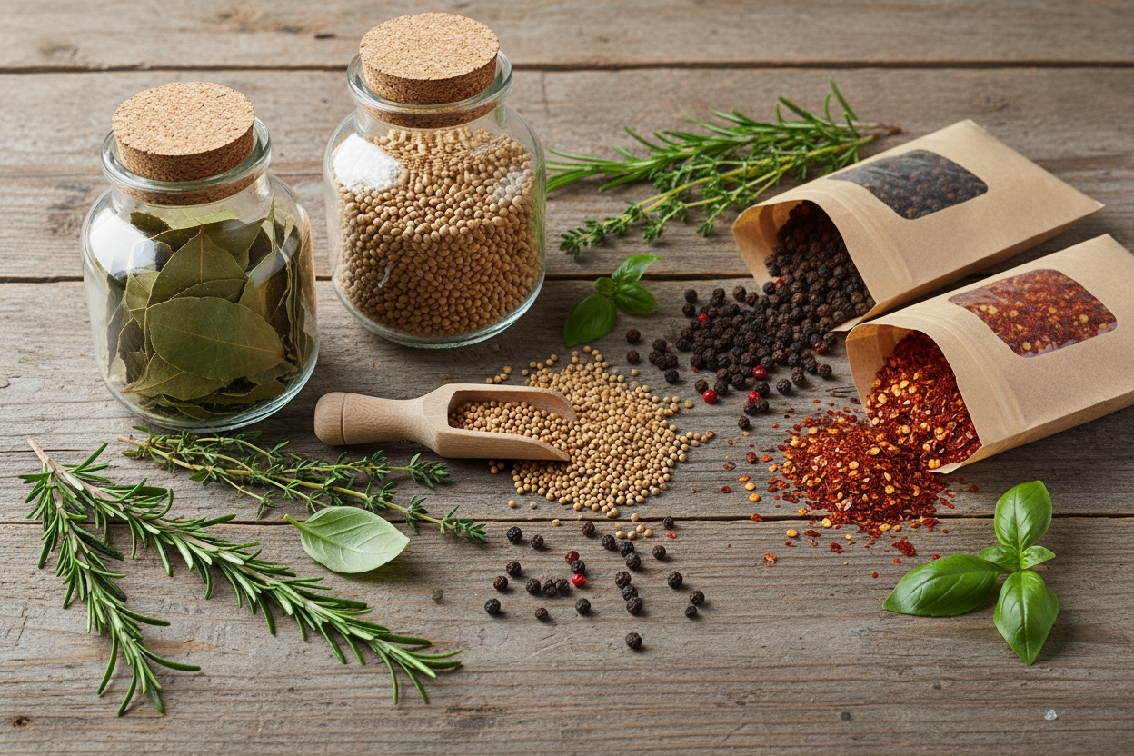 European spices KAmis, Vegeta, Santa Maria on wooden table with herbs