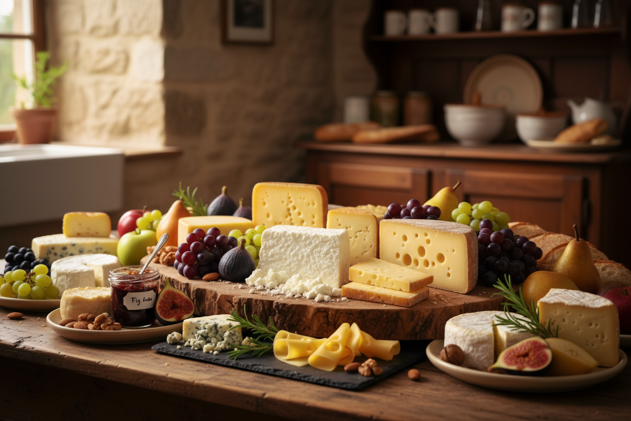 table full off european farmers cheese fermented cheese fig jam and fruitsgouda