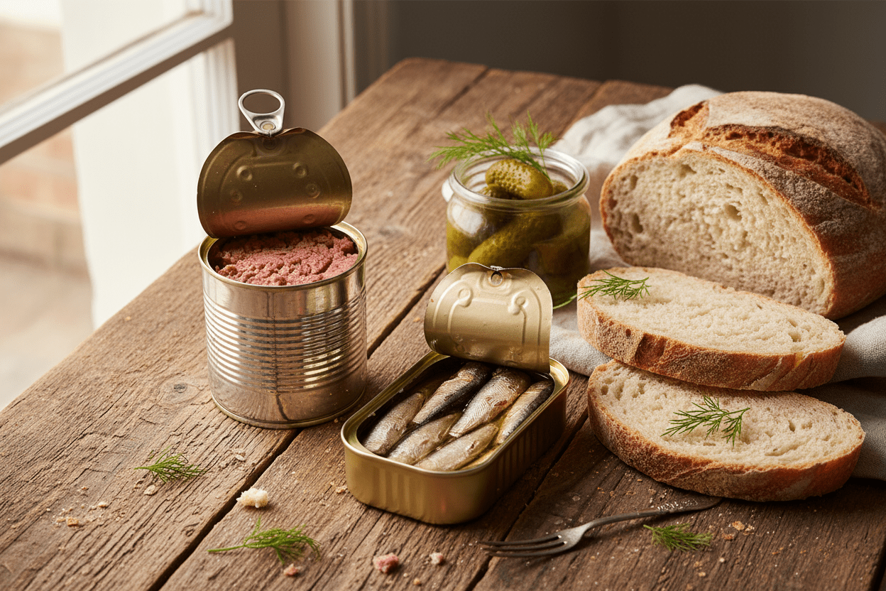 open can with meat another can with fish next to jar with pickles and bread on wooden table