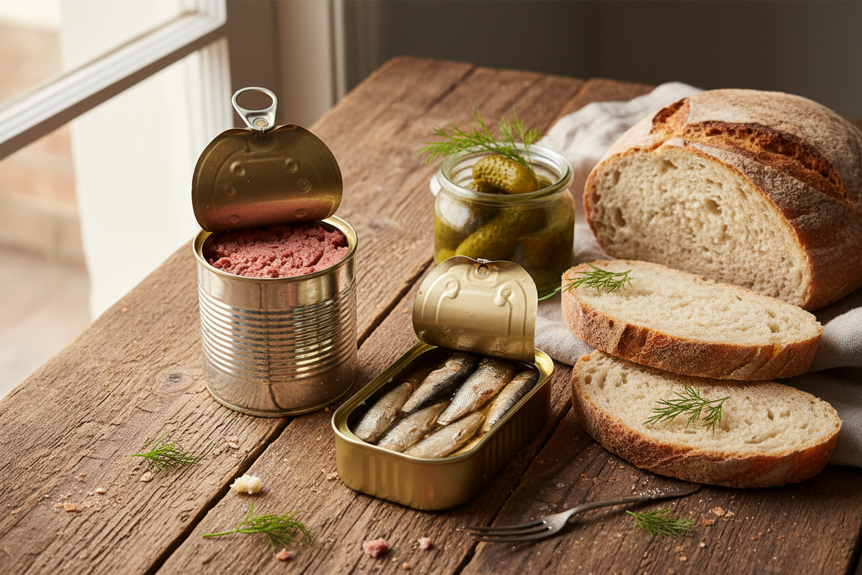 open can with meat another can with fish next to jar with pickles and bread on wooden table